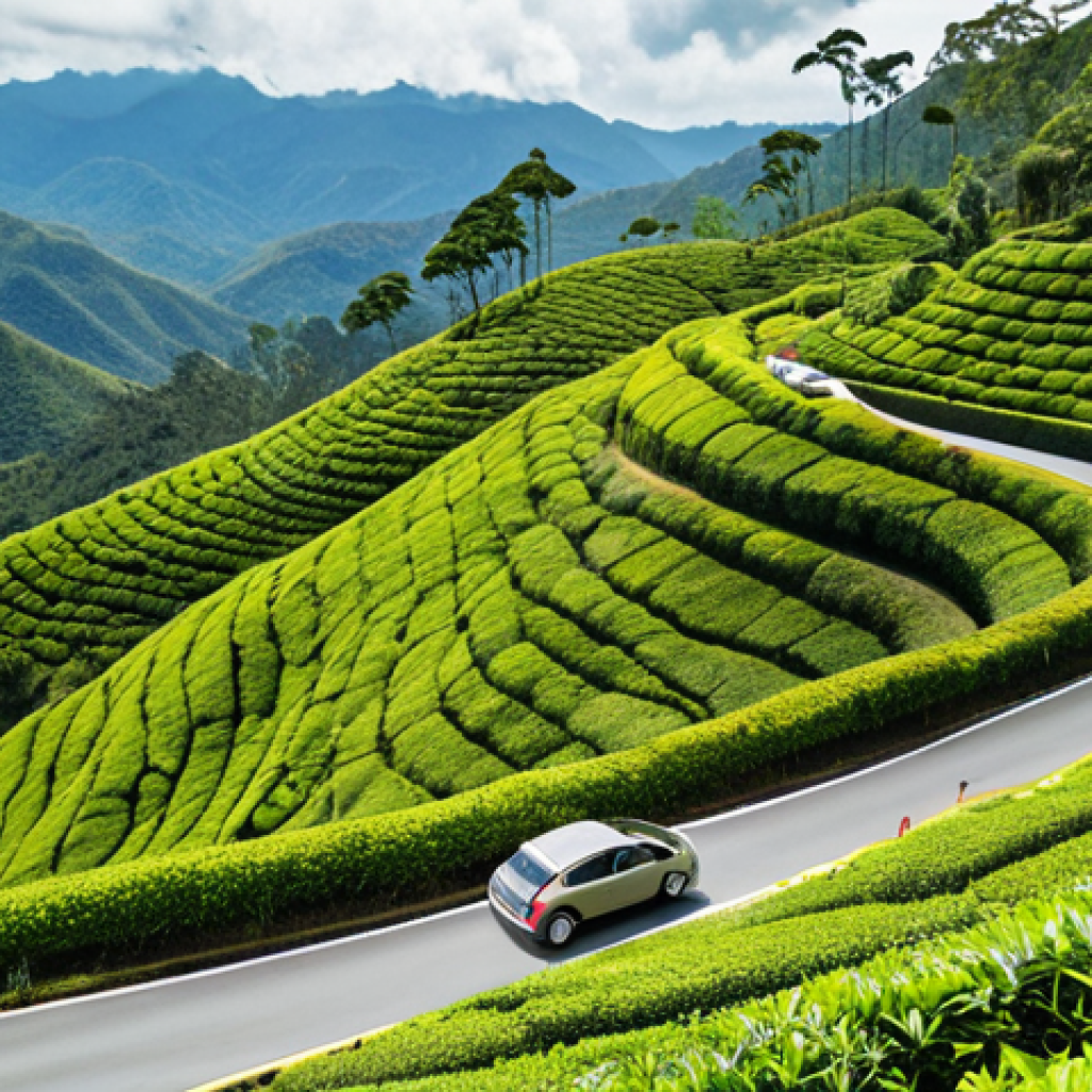 **

*   **Prompt:** A compact car driving through a lush, green tea plantation in the Cameron Highlands, Malaysia.  Focus on the winding roads and the vibrant scenery.  Daytime, sunny.

**