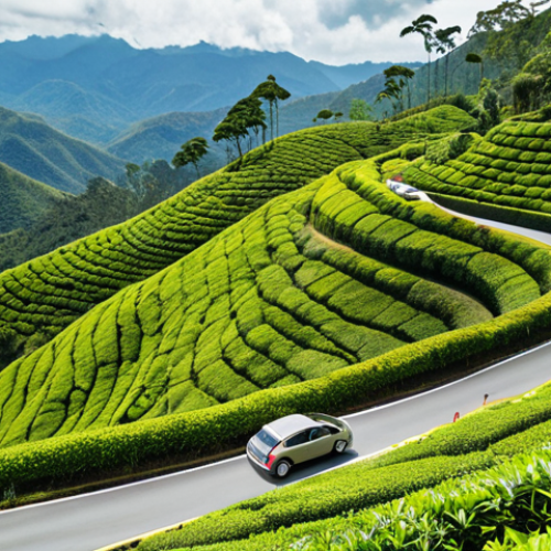 **

*   **Prompt:** A compact car driving through a lush, green tea plantation in the Cameron Highlands, Malaysia.  Focus on the winding roads and the vibrant scenery.  Daytime, sunny.

**