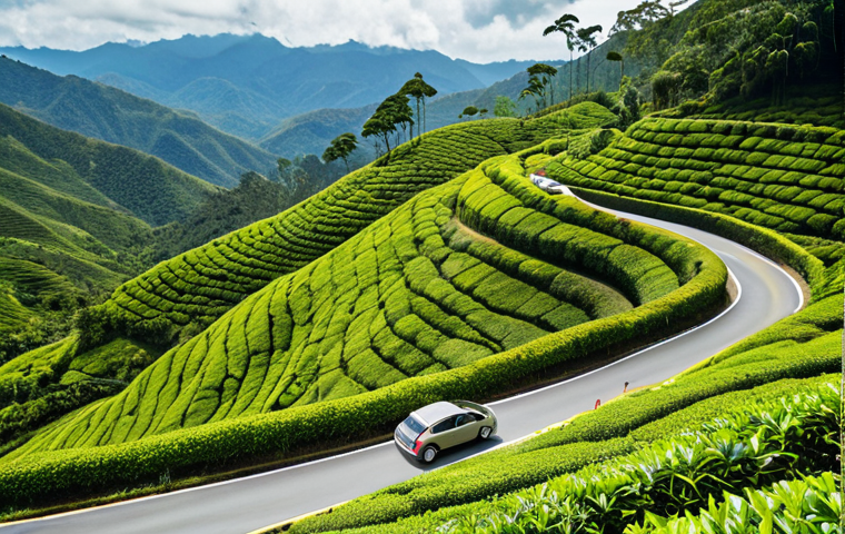 **
* **Prompt:** A compact car driving through a lush, green tea plantation in the Cameron Highlands, Malaysia. Focus on the winding roads and the vibrant scenery. Daytime, sunny.
**