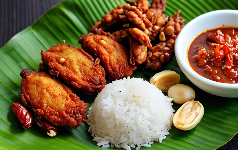**A vibrant and appetizing close-up shot of Nasi Lemak on a banana leaf plate. The dish features fluffy coconut rice, a fiery red sambal, crispy fried anchovies, roasted peanuts, slices of fresh cucumber, and a perfectly cooked fried chicken. The composition emphasizes the textures and colors of the ingredients, showcasing the culinary masterpiece.**